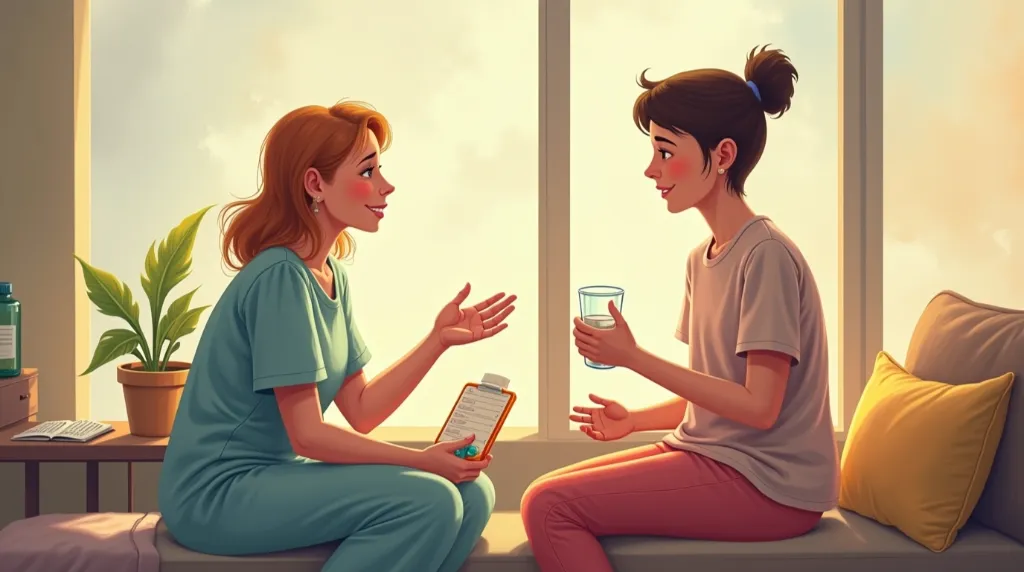 a female support worker sitting with a young girl while she is having glass of water