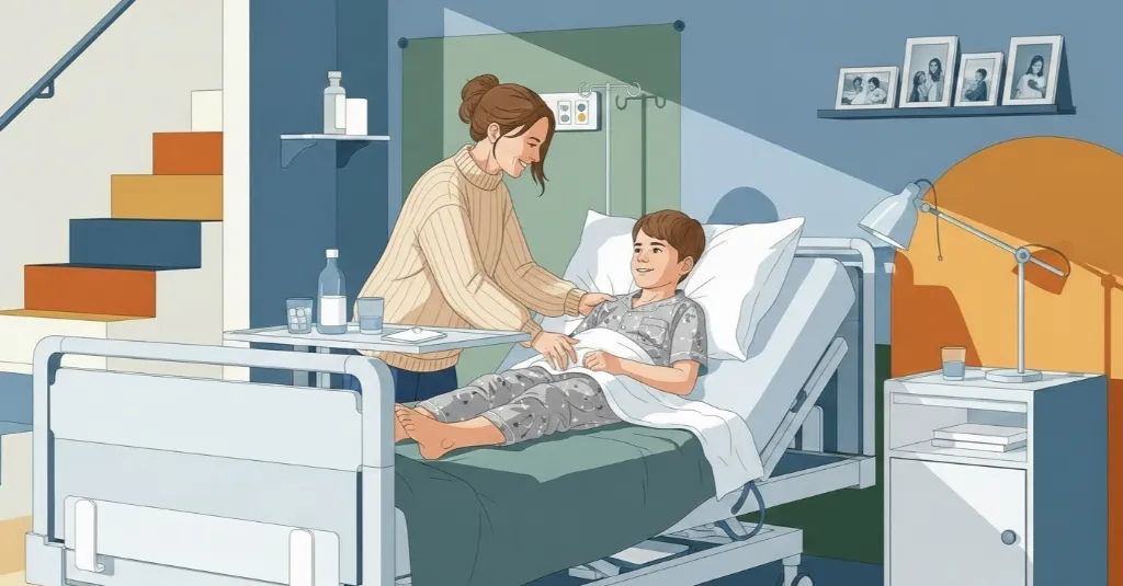 kid in hospital bed with his mom smiling next to him