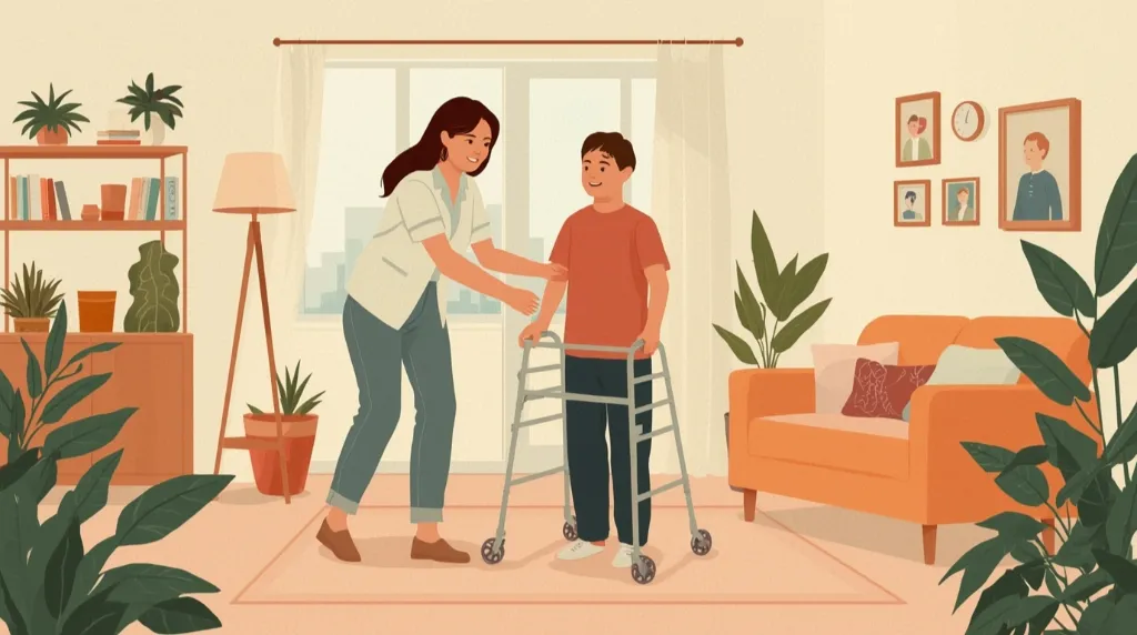 a female support worker helping a kid with a walker