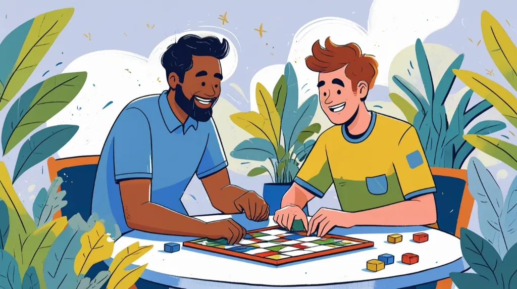a male support worker playing a board game with a young man