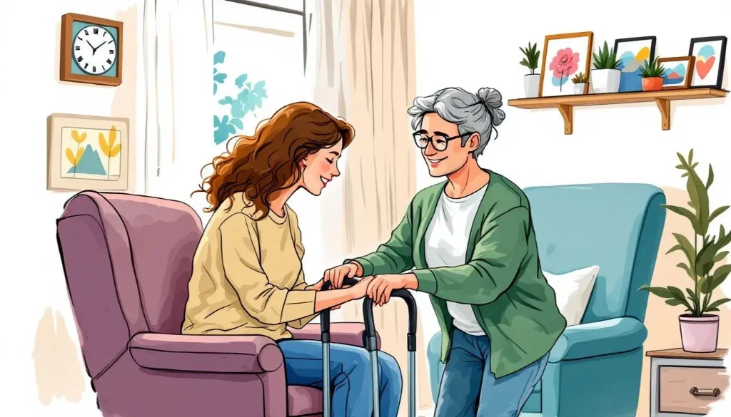 a female support worker helping a young girl to stand up from an armchair