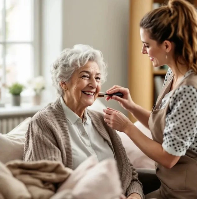 caregiver lady taking care of the hair of an elderly lady