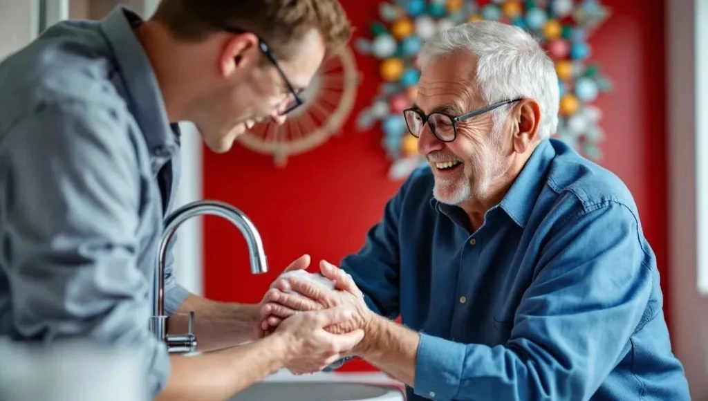 caregiver helping elderly man to wash his hands in the kitchen
