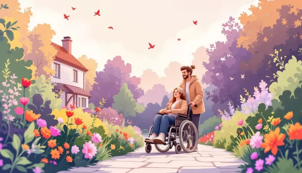 a male support worker pushing a lady in a wheelchair in a park