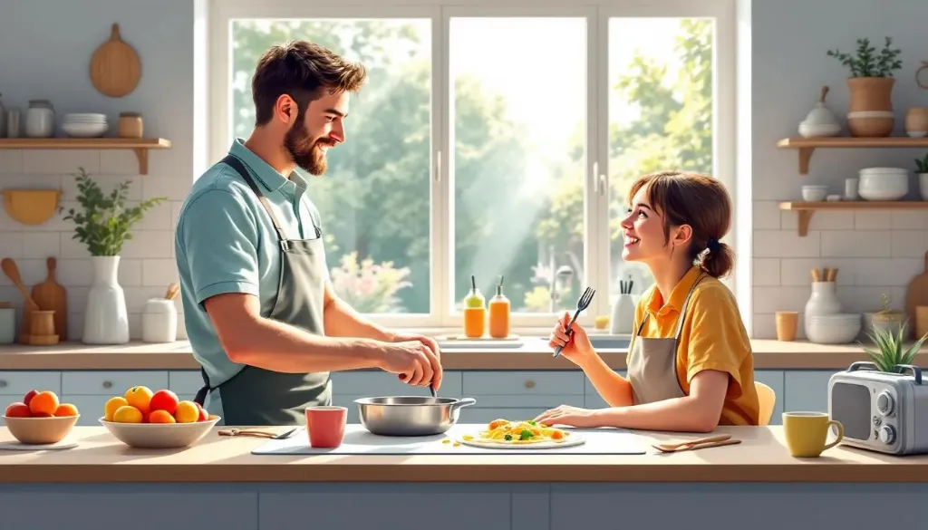 a male support worker making a meal with a young girl