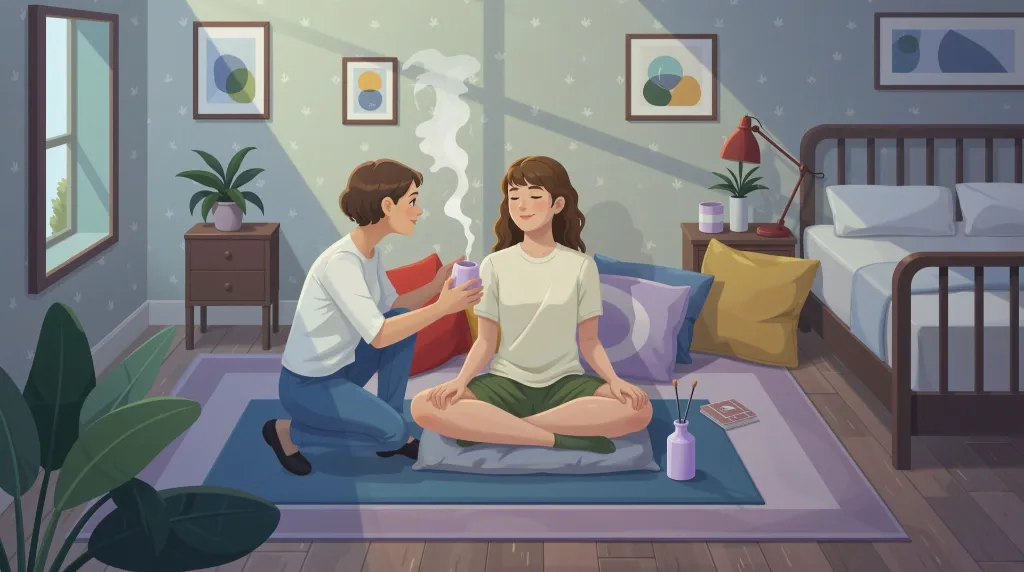 a female support worker giving warm tea to a young girl that sits on a pillow on the floor