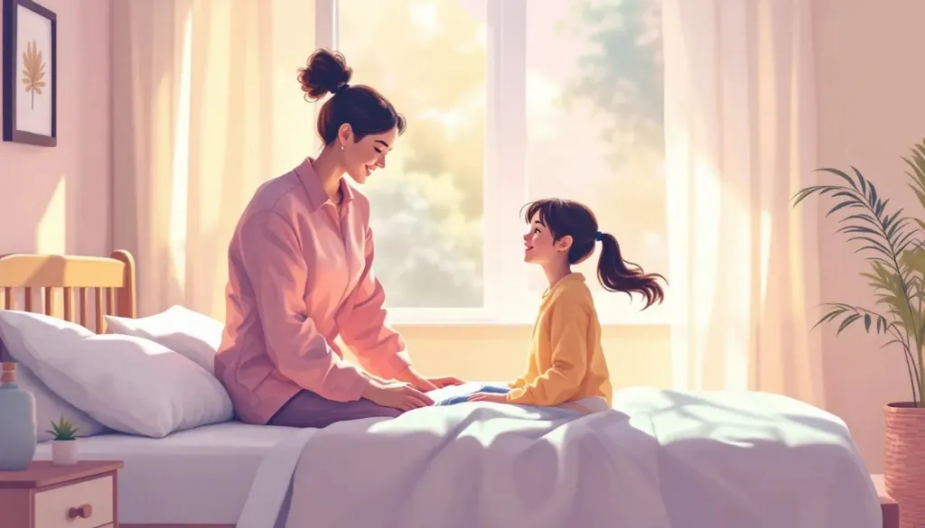 a female support worker sitting in bed with a young girl