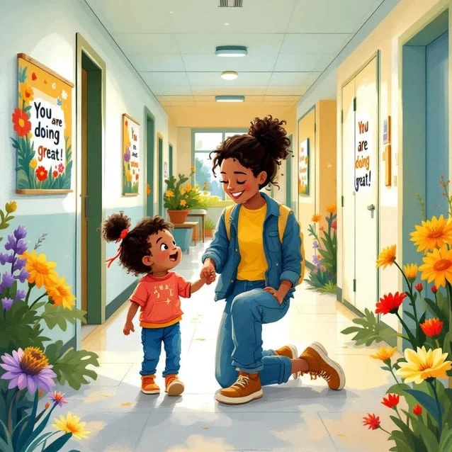 an illustration of a girl in a hallway with her younger sister