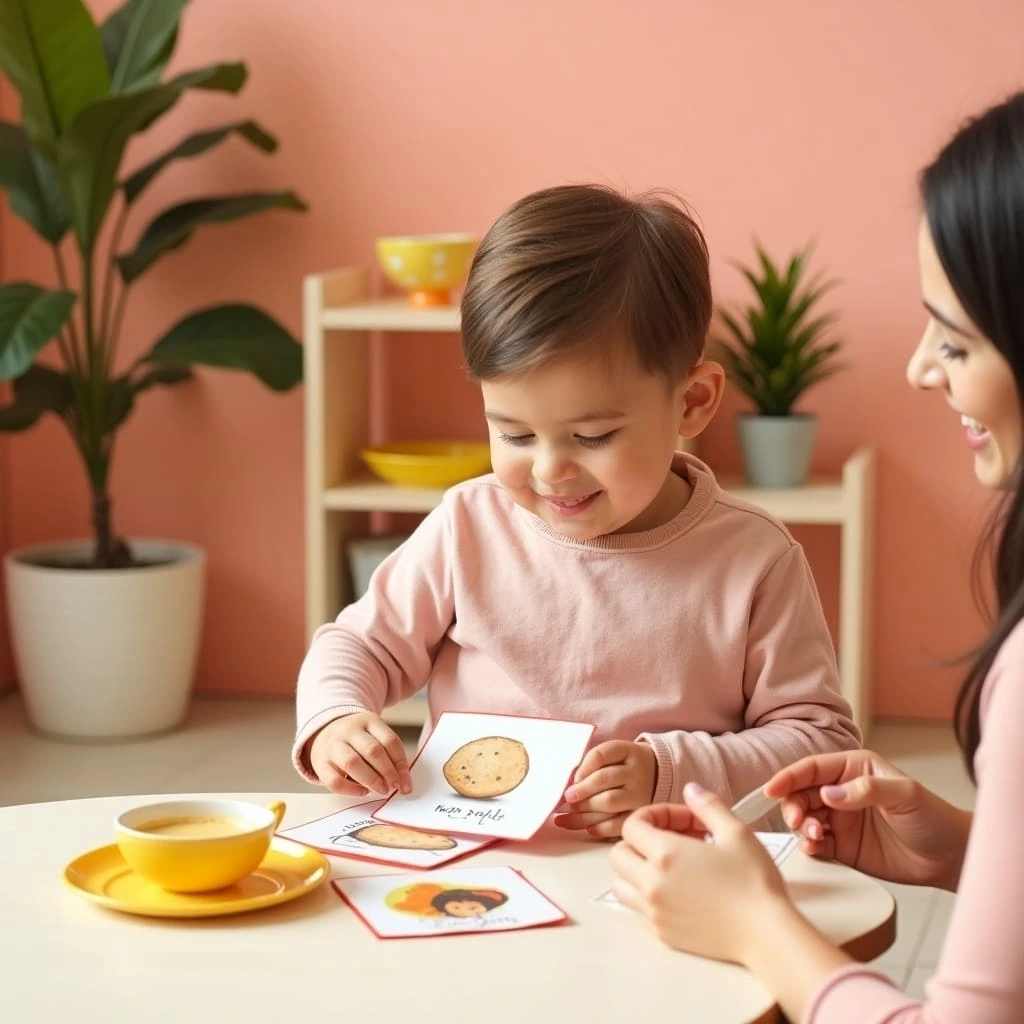 small child playing with illustrations of food with caregiver