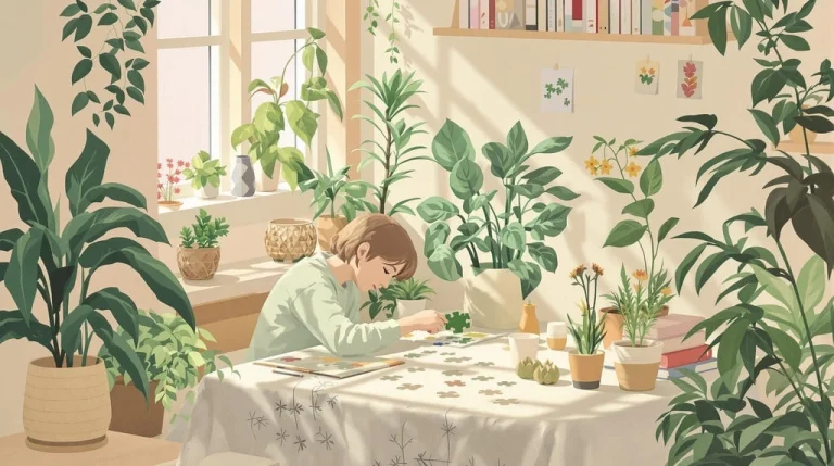 illustration of a girl sitting in a room full of home plants