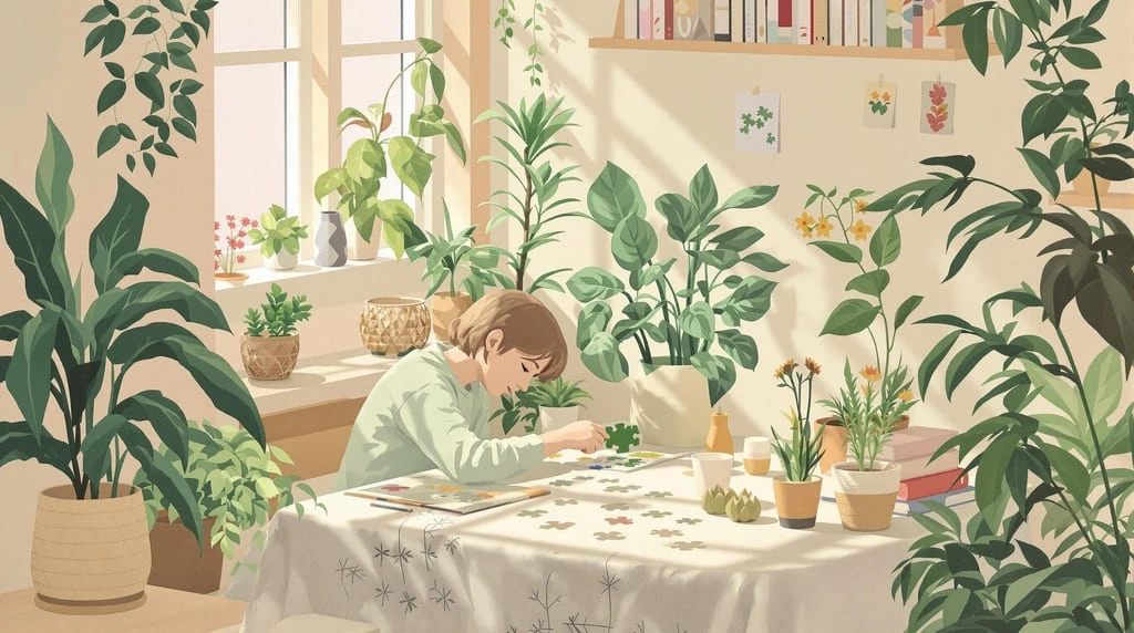 illustration of a girl sitting in a room full of home plants