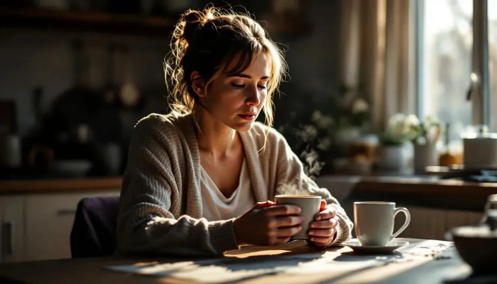 female health professional drinking coffee in her home before going to work