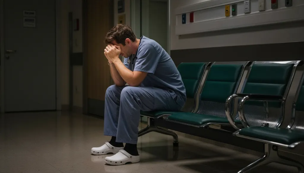 clinician sitting in a hallway of a hospital with his head in his hands feeling tired