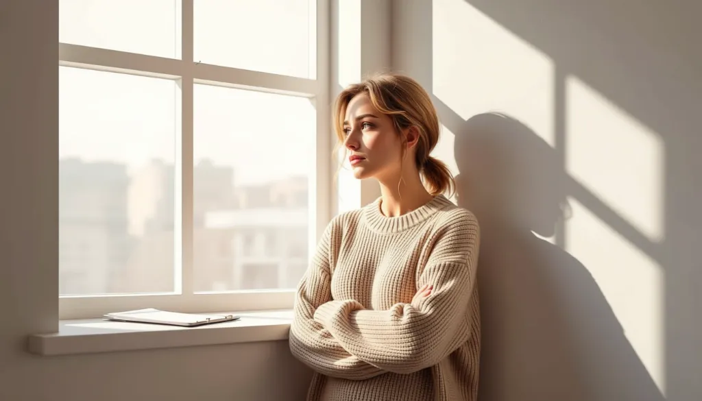sad female health professional standing next to a window looking outside