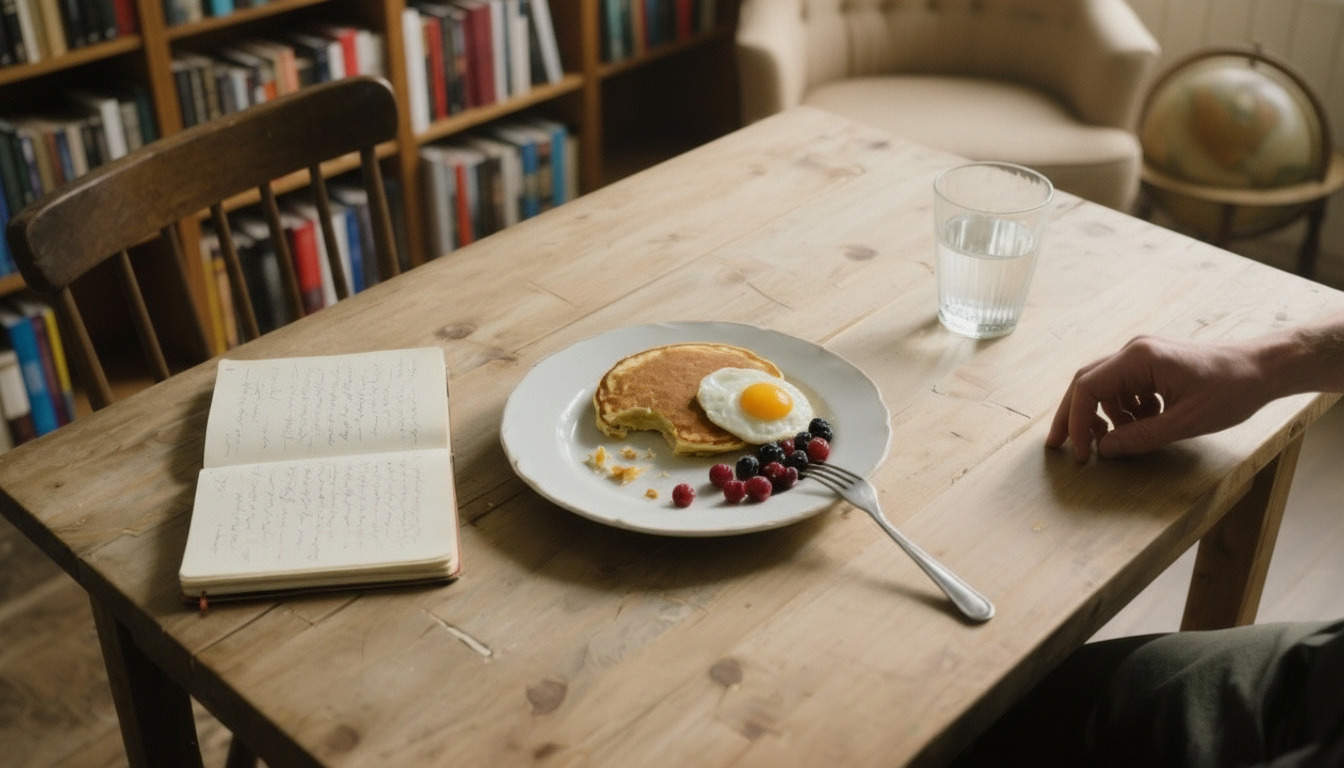 plate of pancake and egg with raisins on a table with an open notebook