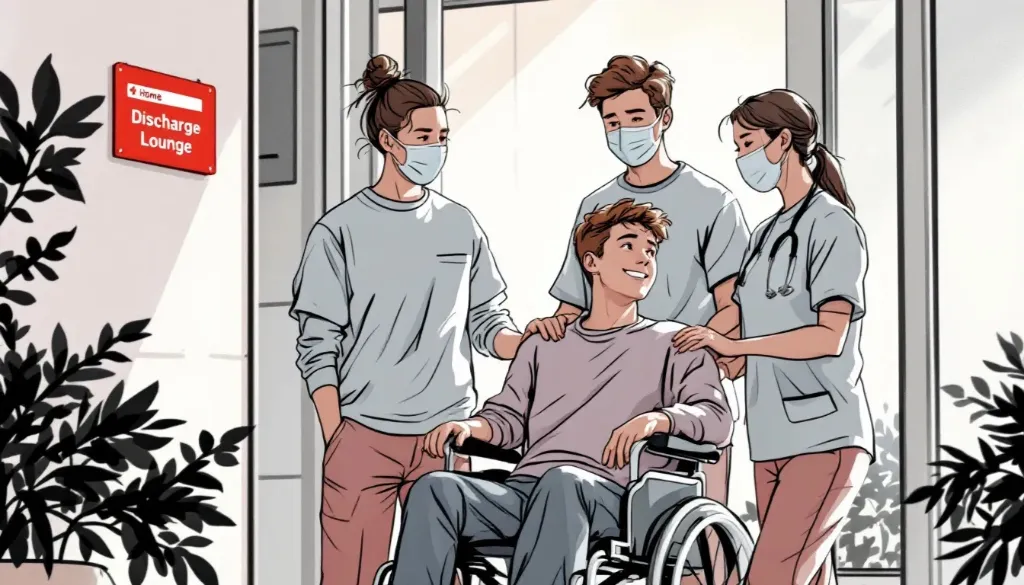 illustration of a smiling boy in a wheelchair leaving the hospital with his friends