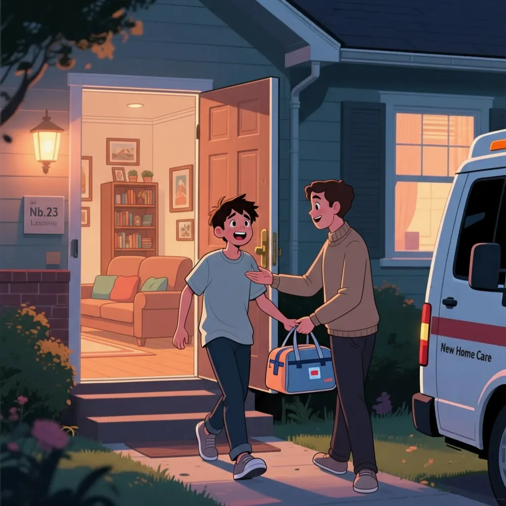 illustration of a young adult getting out of home with a person giving him medical bag