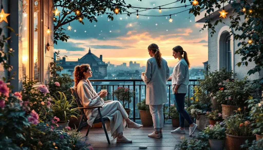 three girls having coffee on a balcony before sunset