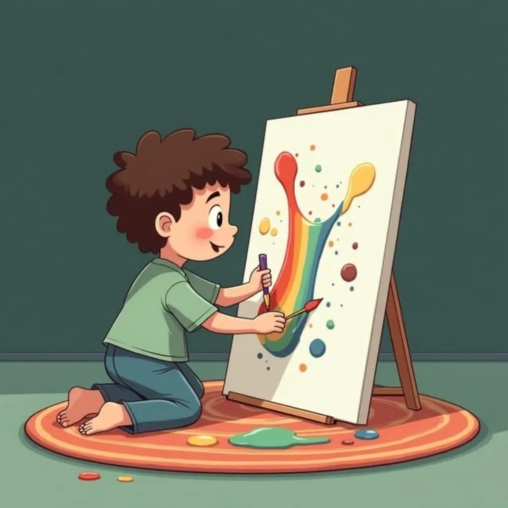 illustration of a young boy painting a rainbow