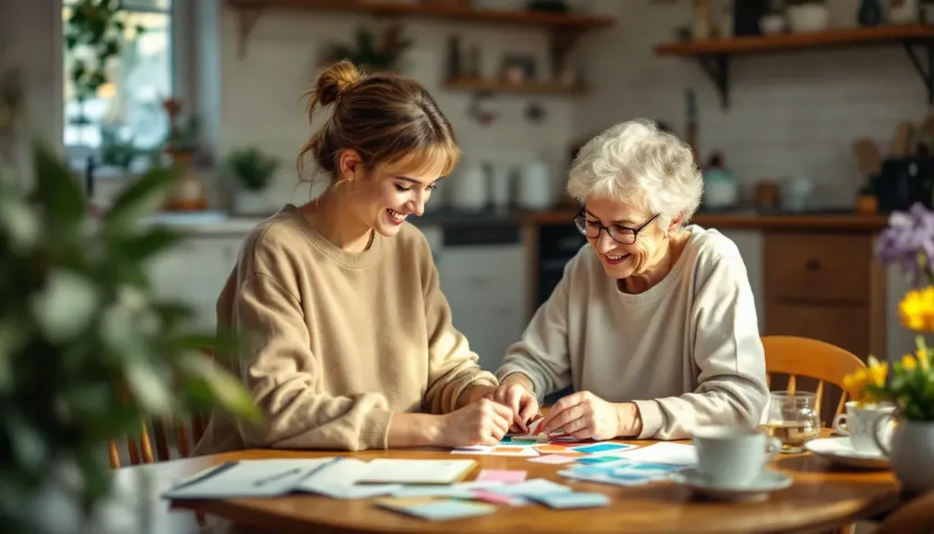 caregiver taking part in a fun activity with an elderly lady