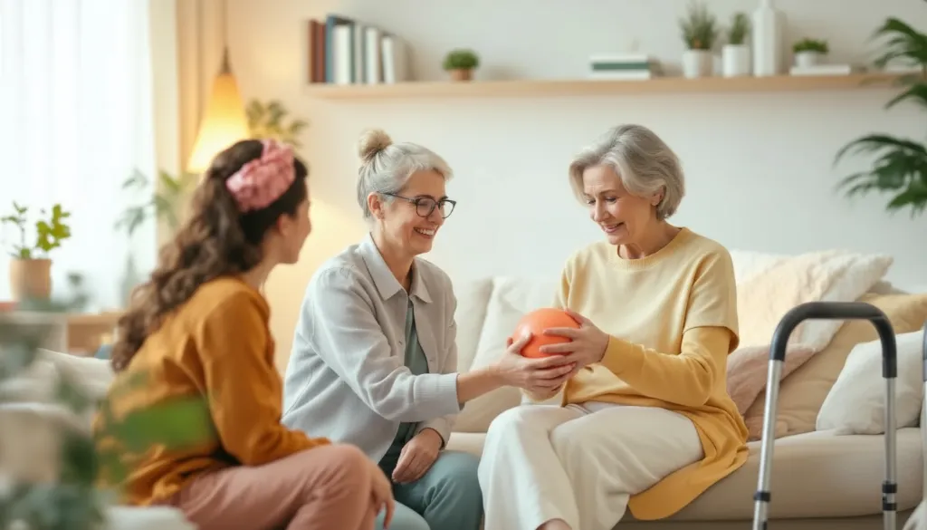caregiver sitting with two elderly women smiling
