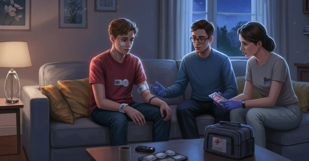 caregivers measuring the blood pressure of a young adult in his living room