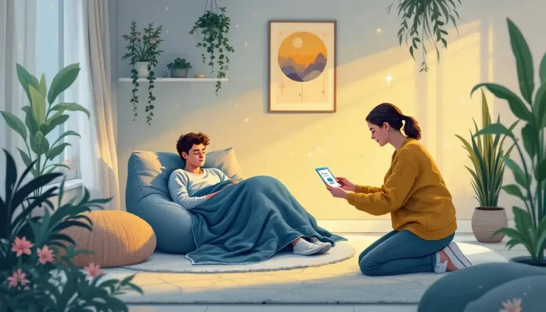 a man sitting on a sofa covered in blanket and a girl reading from a tablet to him