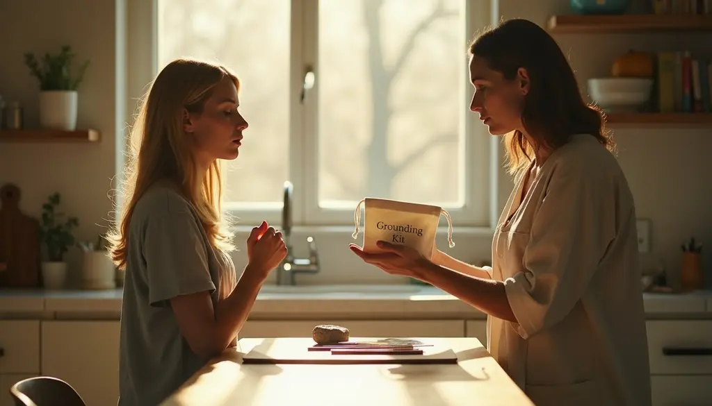 a girl giving a grounding kit to another girl in a kitchen
