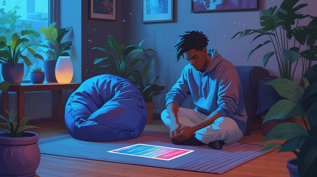 illustration of a young man sitting on the floor in a living room