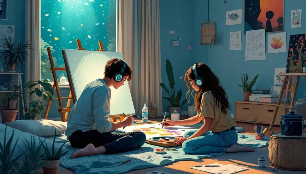 young boy and a girl painting together in a room listening music through headphones