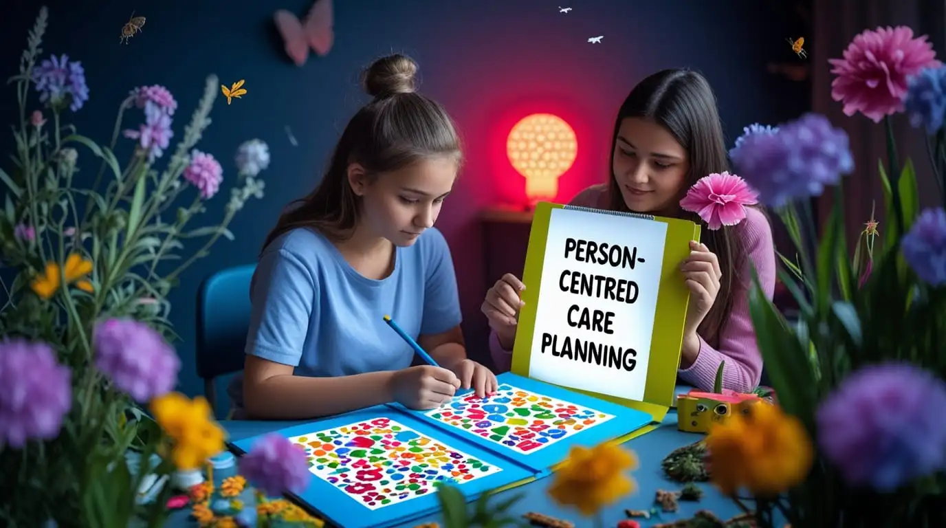 two girls, one colouring the other holding a sign that says person centred care planning