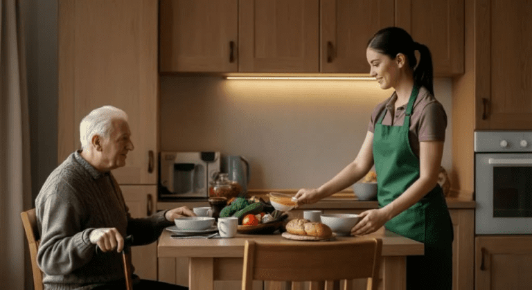 support worker preparing dinner for elderly man