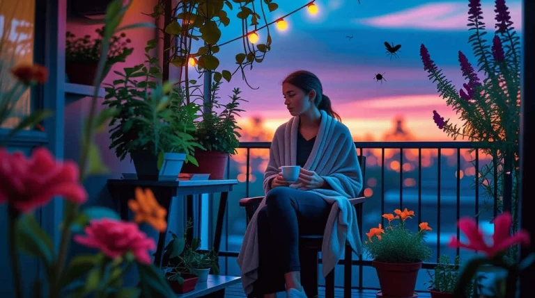 a lady sitting in a balcony on a sunset