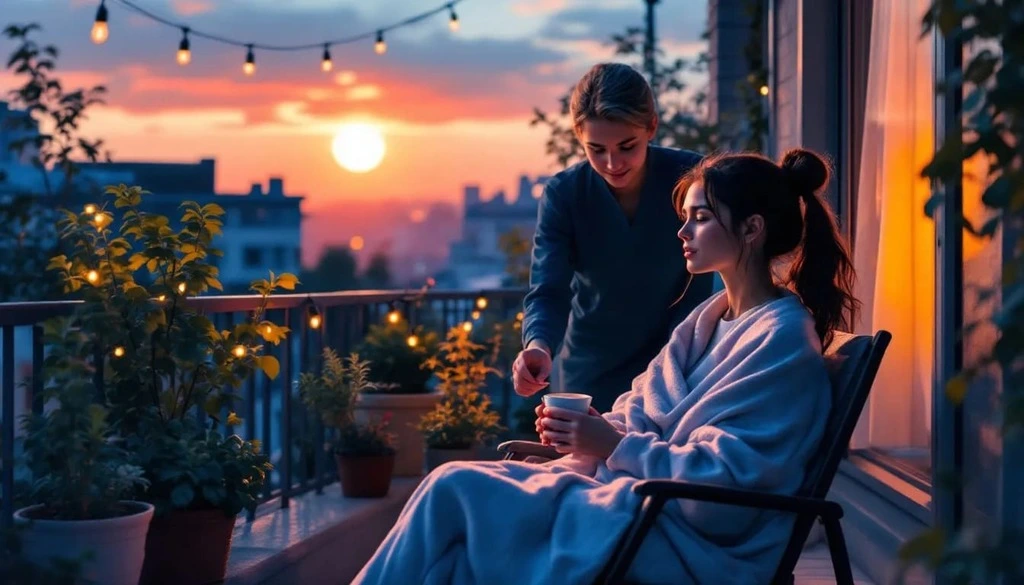 illustration of a girl drinking coffee in a balcony with a caregiver next to her