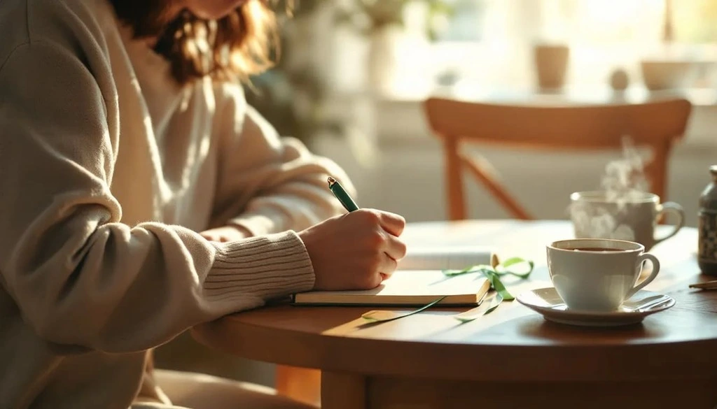 lady writing in a notebook next to a cup of coffee