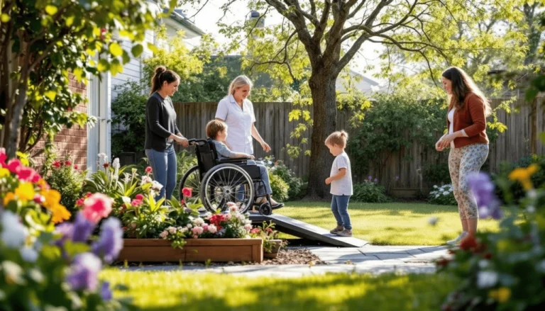 a boy in a wheelchair accompanied by support workers and family