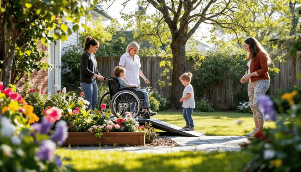 a boy in a wheelchair accompanied by support workers and family