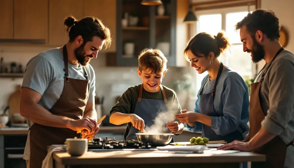 boy cooking with the help of support workers