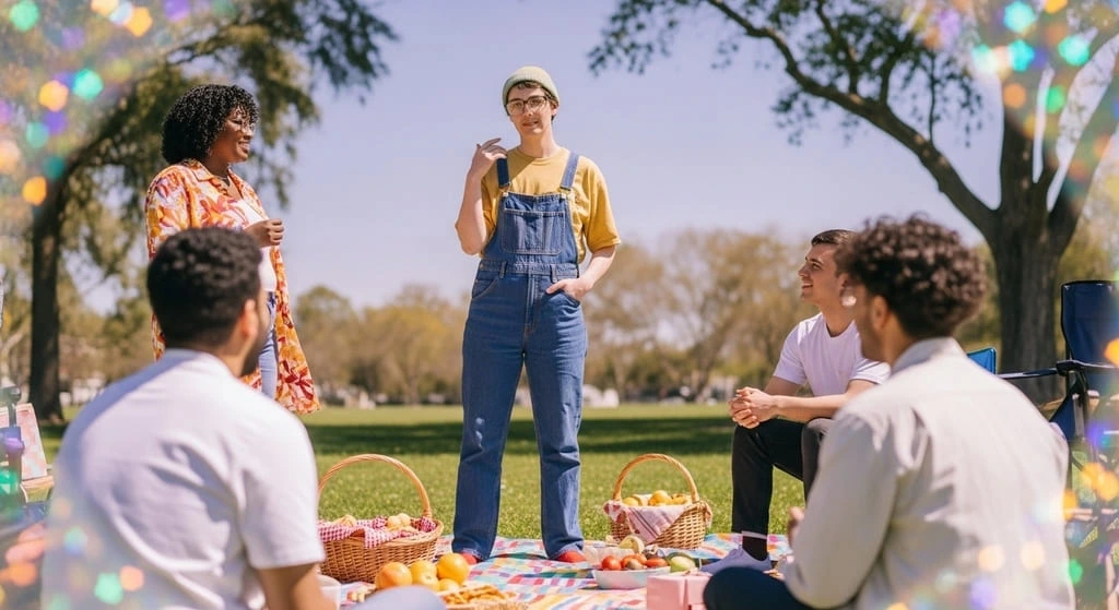 a lady standing and talking while others are sitting and having picnic