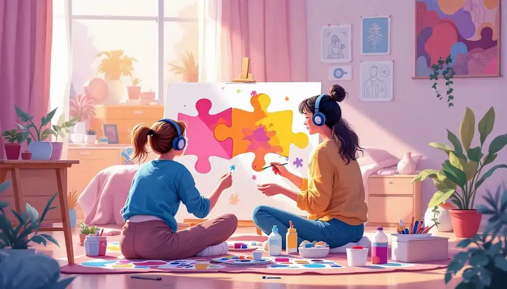 illustration of two girls painting and listening music on headphones