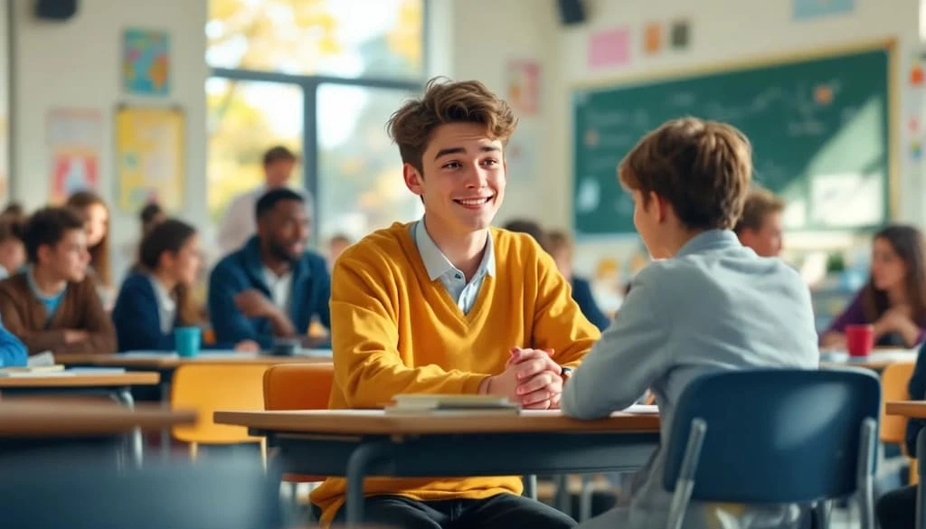 a smiling oy in a school desk