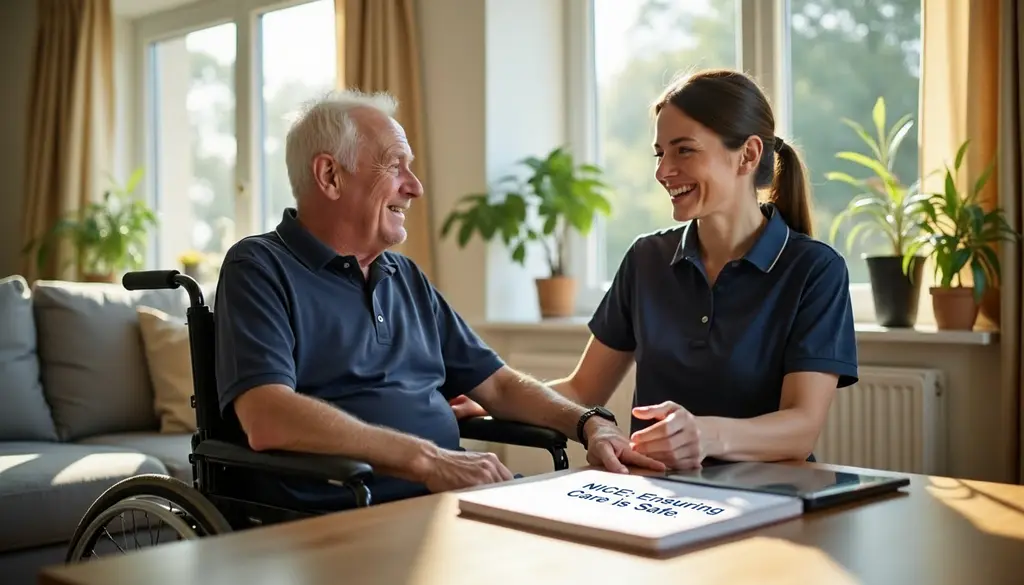 a nurse smiling next to an old man in a wheelchair