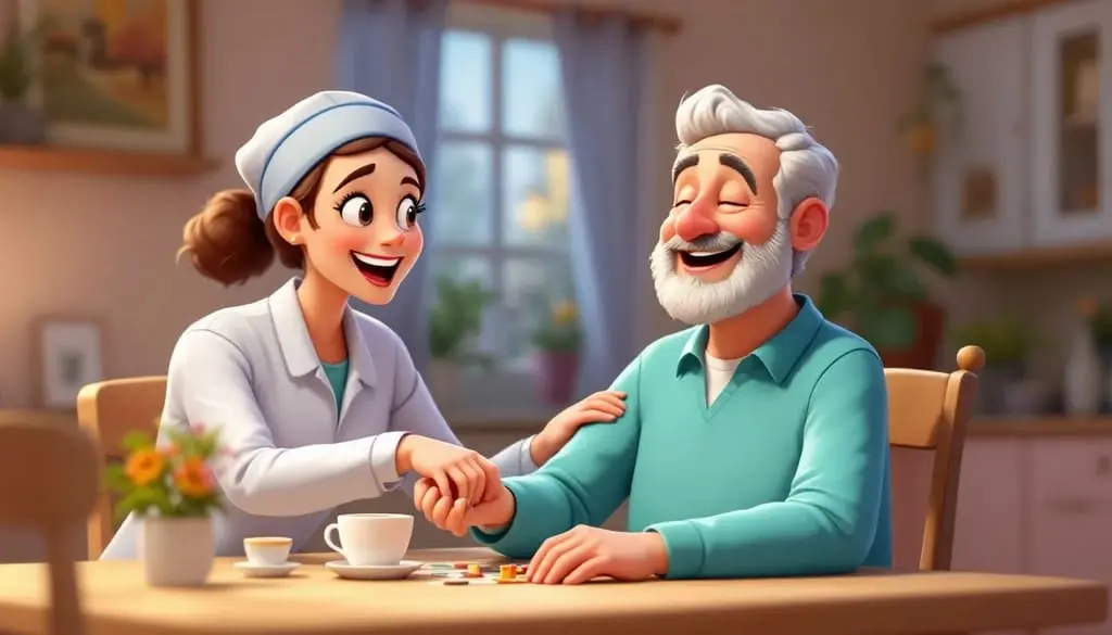 illustration of a nurse and an old man sitting on a table with coffee