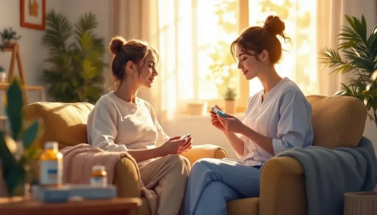 a nurse sitting and talking to a woman