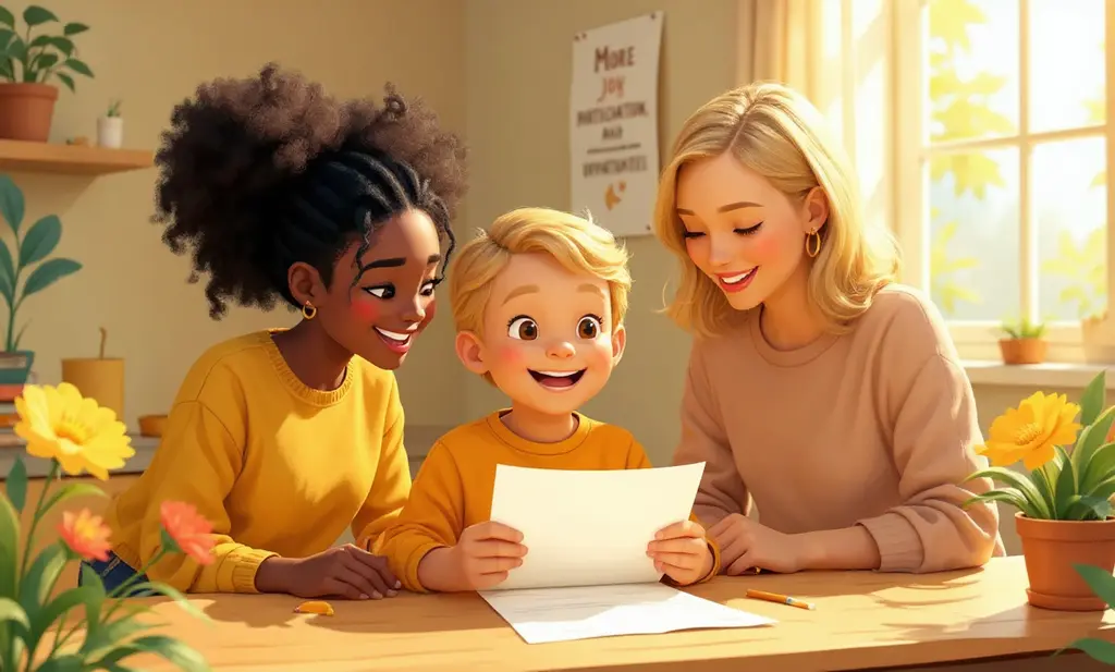 illustration of a kid smiling between two teen girls