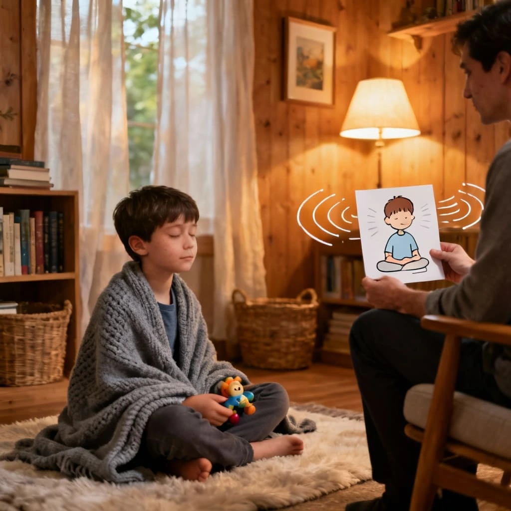 a kid sitting with eyes closed with cosy blanket on his shoulders
