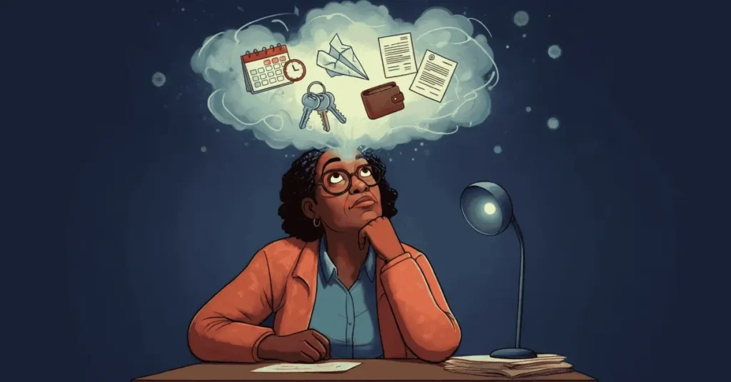 illustration of an african american lady thinking with thought cloud full of keys, calendar, wallet, papers