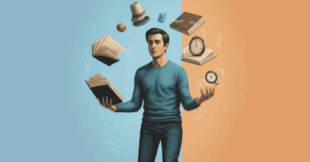 illustration of a worried man juggling with various objects