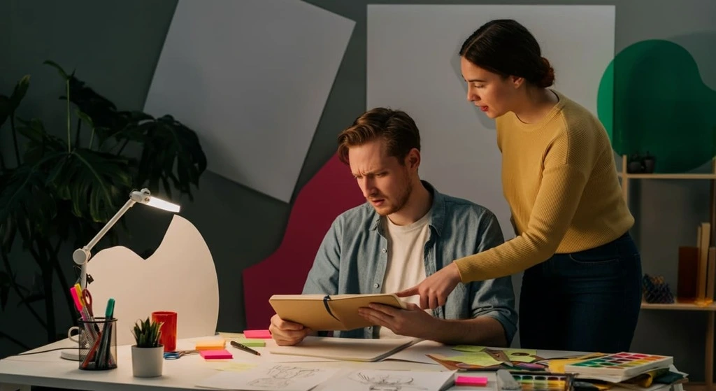 a man looking at a notebook, with a woman beside him pointing at a page of the notebook