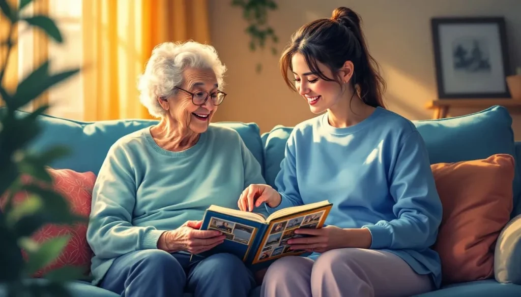 caregiver and elderly lady sitting on a couch holding a book